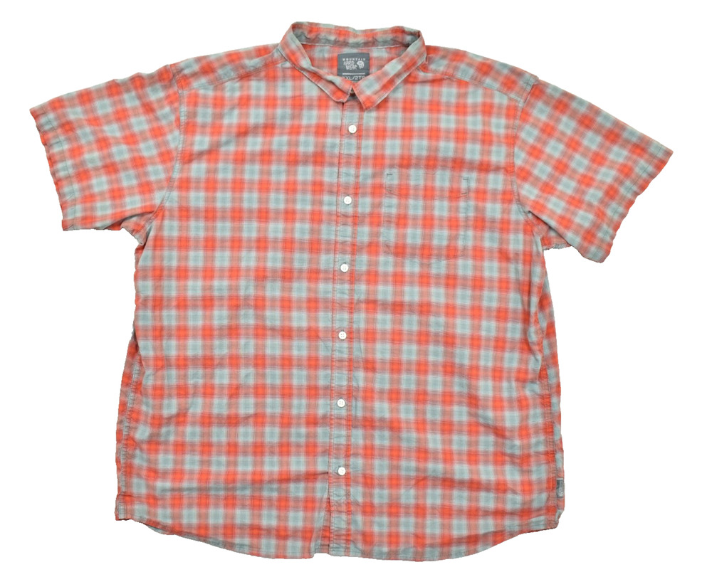 Mountain Hardwear Shirt Mens XXL Gray Orange Plaid Short Sleeve Hiking Outdoor